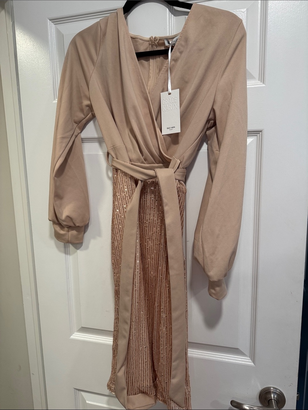 Grace Karin Nude Champagne Wrap Dress with Sequin Skirt